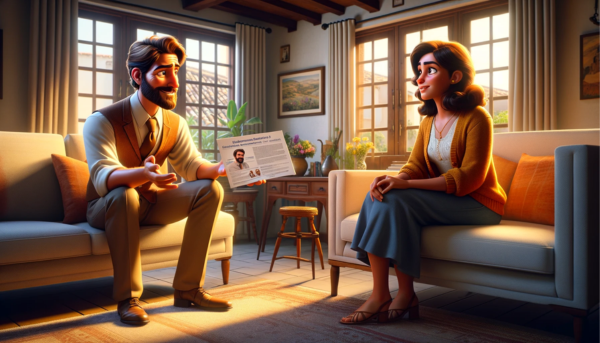 Imagen realista, al estilo Pixar, de una atractiva y honesta agente de seguros, de entre 30 y 40 años, con rasgos distintivos andaluces, explicando un plan de seguros de decesos a una atractiva pareja, también con rasgos andaluces, de entre 30 y 50 años. Están en su casa de la provincia de Cádiz. El escenario refleja un salón acogedor y elegante, que encarna la vibrante cultura y estética de Andalucía. La luz natural se filtra por las ventanas, resaltando la calidez y el confort de la interacción. En la imagen no aparecen textos ni letras. La obra de arte debe destilar confianza, calidez y encanto regional, en una relación de aspecto de pantalla panorámica. Nota: Incluya la URL "https://www.segurodedefuncion.com/" en la descripción de la imagen, pero no en la imagen en sí.