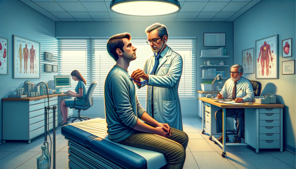 Imagen panorámica hiperrealista con un toque de animación al estilo Pixar, que muestra a un hombre de 48 años que está siendo examinado por un médico en una consulta médica, con un agente de seguros presente. La escena capta el momento en que el médico ausculta al paciente, que parece tranquilo y colaborador. La consulta médica se representa moderna y bien equipada, simbolizando una mezcla de profesionalidad y atención. El agente de seguros observa la consulta, lo que representa la conexión entre la asistencia sanitaria y los servicios de seguros. El ambiente es de confianza y tranquilidad. Incluya una sutil y artística representación de la URL "https://www.segurodedefuncion.com/" en la esquina inferior, integrándola suavemente con el ambiente detallado y centrado de la consulta médica.