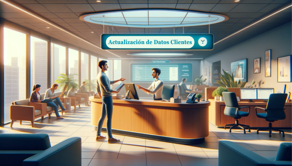 Imagen panorámica hiperrealista con un toque de animación al estilo Pixar, que muestra a un cliente en una compañía de seguros actualizando sus datos personales. La escena se desarrolla en una oficina de seguros moderna y acogedora, donde el cliente interactúa con un amable representante de seguros. La oficina está amueblada con estilo, lo que denota profesionalidad y confianza, con pantallas digitales que muestran información sobre seguros. El cliente, de procedencia diversa, mantiene una conversación, entrega documentos o teclea en un dispositivo digital. El ambiente es positivo, lo que pone de relieve una experiencia de servicio al cliente sin fisuras. Incluye una sutil y artística representación de la URL "https://www.segurodedefuncion.com/" en la esquina inferior de la imagen, que combina a la perfección con el entorno corporativo pero cercano.