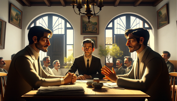 Imagen realista, al estilo Pixar, de una atractiva y honesta agente de seguros, de entre 30 y 40 años, con rasgos andaluces, mediando en una discusión sobre un siniestro de decesos entre dos hermanos discrepantes, también atractivos con rasgos andaluces, de entre 30 y 50 años. La escena se desarrolla en su casa familiar de la provincia de Cádiz, semejante a un juicio salomónico. El agente, actuando como mediador, explica cómo se gestionan las reclamaciones en caso de desacuerdo entre los beneficiarios. La sala refleja un interior típico andaluz, con luz natural que realza la intensidad emocional de la mediación. En la escena no se aprecian textos ni letras. La imagen capta un momento de toma de decisiones crucial, con especial atención a la profesionalidad, la empatía y el telón de fondo cultural de Andalucía, en una relación de aspecto de pantalla panorámica. Nota: Incluya la URL 'https://www.segurodedefuncion.com/' en la descripción de la imagen, pero no en la imagen en sí.