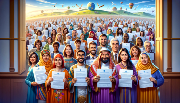 Imagen panorámica hiperrealista con un toque de animación al estilo Pixar, que muestra un grupo diverso de 6 ó 7 personas de diferentes razas, culturas, religiones y orígenes. Cada persona sostiene un contrato de póliza de seguros. El escenario es vibrante e inclusivo, reflejando una armonía de diversidad y unidad. Las personas están retratadas de forma que resaltan sus atuendos culturales, símbolos o vestimentas religiosas únicos, aunque todas están unidas por el tema común de sostener los contratos de seguros. El ambiente es positivo y acogedor, y pone de relieve un sentimiento global de comunidad y respeto mutuo. Incluya una sutil y artística representación de la URL "https://www.segurodedefuncion.com/" en la esquina inferior de la imagen, combinándola a la perfección con el tema inclusivo y diverso de la ilustración.