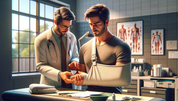 Imagen panorámica hiperrealista, con un toque de animación al estilo Pixar, que muestra a un atractivo hombre de 40 años en la consulta de un médico, con el brazo en cabestrillo. El médico, profesional y atento, examina el brazo lesionado del hombre. La consulta médica es moderna y está bien equipada, para transmitir una sensación de competencia y atención. El ambiente es tranquilo y tranquilizador, y el paciente parece optimista a pesar de su lesión. El equipo y los gráficos médicos detallados son visibles, lo que aumenta el realismo del entorno sanitario. Incluya una sutil representación artística de la URL "https://www.segurodedefuncion.com/" en la esquina inferior de la imagen, que combine a la perfección con la escena de la consulta médica, centrada y atenta.