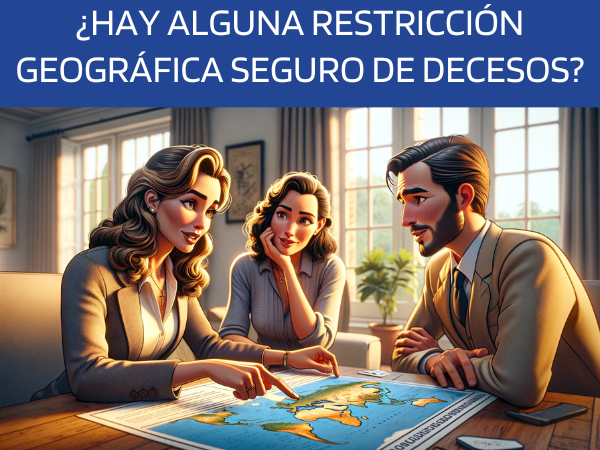 Imagen realista, al estilo Pixar, de una atractiva y honesta agente de seguros, de entre 30 y 40 años, con rasgos andaluces, explicando y respondiendo a una pregunta sobre restricciones geográficas para la cobertura de seguros de decesos. Está señalando un mapamundi, conversando con una atractiva pareja, también con rasgos andaluces, de entre 30 y 50 años. Están en su elegante casa de la provincia de Cádiz. La escena es cálida y acogedora, con luz natural que resalta las detalladas expresiones de curiosidad y comprensión de sus rostros. En la imagen no aparecen textos ni letras. El ambiente transmite profesionalidad, claridad y encanto regional, en una relación de aspecto de pantalla panorámica. Nota: Incluya la URL "https://www.segurodedefuncion.com/" en la descripción de la imagen, pero no en la imagen en sí.