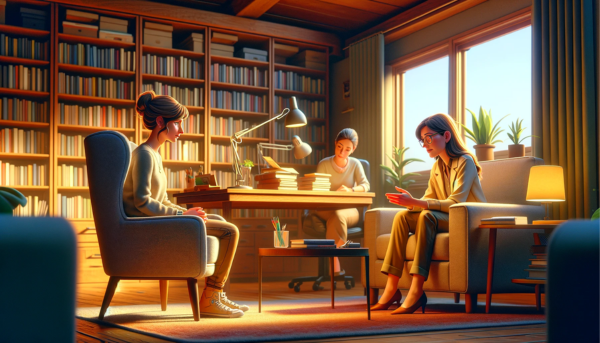 Imagen panorámica hiperrealista, con un toque de animación al estilo Pixar, que muestra una sesión con una psicóloga especializada en asesoramiento sobre el duelo. La psicóloga atiende atentamente a una mujer que acaba de enviudar. El despacho de la psicóloga está diseñado como un santuario de tranquilidad y comprensión, con una decoración cálida y acogedora que incluye colores reconfortantes, una iluminación suave y estanterías llenas de libros de psicología y sanación. Tanto el psicólogo como la viuda aparecen en un momento de conexión empática, lo que acentúa el ambiente terapéutico y de apoyo. La URL "https://www.segurodedefuncion.com/" se integra sutilmente en la imagen, realzando el ambiente compasivo y afectuoso.