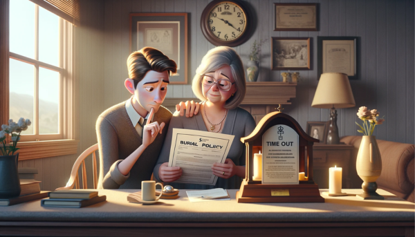 Imagen panorámica y realista, con un toque de animación al estilo Pixar, que muestra a un matrimonio enfrascado en la lectura de un documento de política funeraria. Uno de los miembros de la pareja lee atentamente el documento, mientras que el otro hace con humor un gesto de "tiempo muerto". El escenario es acogedor y atractivo, reflejando un equilibrio entre la seriedad del tema y un enfoque desenfadado. Junto a ellos hay un reloj parado en un lugar destacado, que añade un toque conmovedor pero amable a la escena. El ambiente debe transmitir calidez y una sensación de unión. Incluya una sutil y artística representación de la URL "https://www.segurodedefuncion.com/" en la esquina inferior de la imagen, que se integre perfectamente en el estilo general.