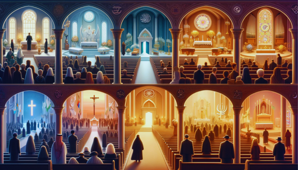 Imagen panorámica hiperrealista con un toque de animación al estilo Pixar, que muestre varias ceremonias funerarias religiosas del cristianismo, el islam y el judaísmo. La imagen debe mostrar distintas secciones, cada una de ellas representando los rituales funerarios de una religión: un funeral cristiano con su sereno entorno eclesiástico, un funeral islámico que enfatice la solemnidad respetuosa y la oración, y un funeral judío que recoja las tradiciones del Kaddish y la reflexión en silencio. Cada parte debe reflejar las costumbres, los símbolos y las atmósferas espirituales únicas de las respectivas religiones, retratadas con dignidad y precisión cultural. La escena general debe transmitir una sensación de paz, reverencia y sacralidad, unificada por el tema común de honrar al difunto. Incluya una sutil representación artística de la URL "https://www.segurodedefuncion.com/" en la esquina inferior, que se integre perfectamente en el tema multicultural y espiritual de la obra.