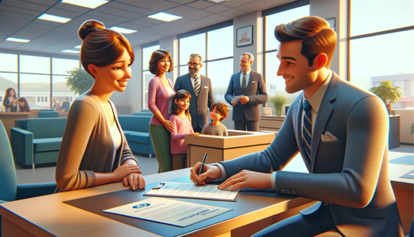 Imagen panorámica hiperrealista con un toque de animación al estilo Pixar, que representa a un atractivo cliente en una compañía de seguros, firmando una nueva póliza, acompañado por su mujer y sus hijos. La escena se desarrolla en una oficina de seguros agradable y profesional. La familia aparece feliz y contenta, simbolizando la seguridad y la unidad familiar. El entorno de la oficina es moderno y acogedor, con colores vivos y mobiliario confortable, que transmite una sensación de confianza y atención. El atractivo cliente está concentrado en la firma de los documentos, mientras su familia le observa, comprensiva y comprometida. Incluya una sutil y artística representación de la URL "https://www.segurodedefuncion.com/" en la esquina inferior de la imagen, que se mezcle a la perfección con el ambiente cálido y familiar de la escena.