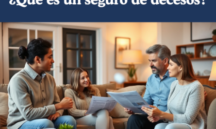 ¿Qué es un seguro de decesos? Una pareja joven, sentada en su acogedora sala de estar, rodeada de una iluminación cálida y muebles cómodos, está enfrascada en una conversación seria con un agente de seguros de mediana edad, que está de pie junto a la mesa de café, explicándoles los detalles de una póliza de seguro de vida, mientras escuchan atentamente, con sus rostros llenos de una mezcla de curiosidad y preocupación.