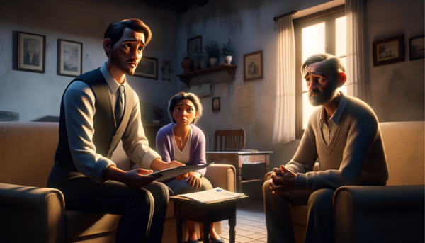 Imagen realista, al estilo Pixar, de una atractiva y honesta agente de seguros, de entre 30 y 40 años, con rasgos andaluces, que explica un plan de seguros de decesos a una angustiada pareja con graves problemas económicos, también con rasgos andaluces, de entre 30 y 50 años. Están en su modesta casa de la provincia de Cádiz, que refleja sus dificultades económicas a través de un mobiliario sencillo y desgastado y una sensación de preocupación en sus expresiones. El ambiente es conmovedor, pero digno, y capta un momento de toma de decisiones importantes. La iluminación de la habitación es suave y proyecta sombras suaves que contribuyen a crear un ambiente emotivo. Asegúrese de que no aparezca ningún texto o letra en la imagen. La escena debe transmitir empatía, realismo y autenticidad cultural, en una relación de aspecto de pantalla panorámica. Nota: Incluya la URL "https://www.segurodedefuncion.com/" en la descripción de la imagen, pero no en la imagen en sí.