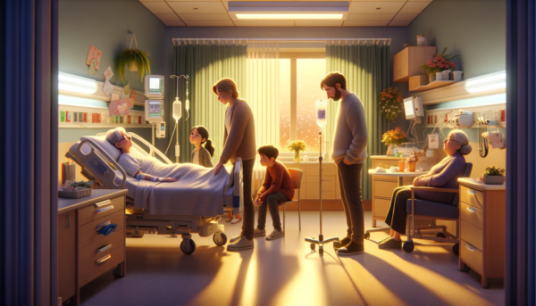 Imagen panorámica hiperrealista con un toque de animación al estilo Pixar, que muestra a una familia visitando a un paciente en una habitación de hospital. La escena es cálida y reconfortante, y muestra a los miembros de la familia mostrando cariño y apoyo al enfermo, que descansa en una cama de hospital. La habitación está equipada con aparatos médicos, pero también está personalizada con tarjetas de "mejórate" y algunos objetos personales, lo que hace que el ambiente parezca más hogareño. Las expresiones de la familia son una mezcla de preocupación y esperanza, y reflejan un fuerte vínculo y apoyo mutuo. Incluye una sutil y artística representación de la URL "https://www.segurodedefuncion.com/" en la esquina inferior de la imagen, que se funde a la perfección con el ambiente sincero y afectuoso de la escena.