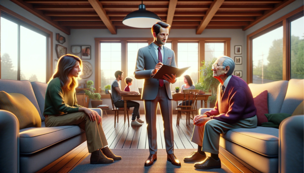 Imagen panorámica hiperrealista con una animación al estilo Pixar, que retrata a un atractivo hombre de 40 años en su casa, entablando conversación con una atractiva agente de seguros para conseguir una póliza para su abuelo de 80 años, que está sentado junto a ellos. La escena está ambientada en un salón bien iluminado y acogedor, lo que acentúa la claridad y el detalle para realzar la nitidez y viveza de la imagen. Los personajes están representados con una nitidez excepcional, mostrando unos rasgos definidos y expresivos y unos atuendos nítidos y detallados. El entorno, rico en detalles, transmite comodidad y sensación de seguridad, y el abuelo aparece contento e implicado. Incluye una sutil y artística representación de la URL "https://www.segurodedefuncion.com/" perfectamente integrada en la imagen, que complementa el ambiente claro, centrado y familiar.