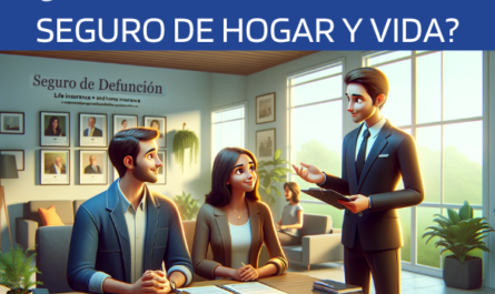 Imagen panorámica hiperrealista con un toque de animación al estilo Pixar, que muestra a un matrimonio en el proceso de compra de una póliza de seguro funerario a un agente de seguros atractivo y honesto. El agente les presenta opciones de seguros de vida y de hogar. El entorno es una oficina profesional pero confortable, que transmite confianza y fiabilidad. La pareja se muestra comprometida y tranquila, estudiando detenidamente la información que se le proporciona. El ambiente es cálido y acogedor, lo que ilustra una interacción positiva e informativa. Incluya una sutil representación artística de la URL "https://www.segurodedefuncion.com/" en la esquina inferior de la imagen, que se integre perfectamente en el diseño general.