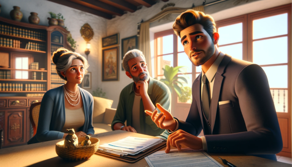 Imagen realista, al estilo Pixar, en la que aparece una atractiva y honesta agente de seguros, de entre 30 y 40 años, con rasgos andaluces, explicando un plan de seguros de decesos y respondiendo a la pregunta sobre la posibilidad de transferir la titularidad del seguro de decesos en caso de divorcio o separación, a una atractiva pareja andaluza de entre 30 y 50 años. La escena se sitúa en su casa de la provincia de Cádiz. La habitación está cálidamente iluminada y decorada con un estilo que refleja la cultura andaluza, con la pareja escuchando atentamente, encarnando un momento de entendimiento crucial. Asegúrese de que no aparezca ningún texto o letra dentro de la propia imagen. La imagen debe irradiar calidez, confianza y el rico telón de fondo cultural de Andalucía, en una relación de aspecto de pantalla panorámica. Nota: Incluya la URL 'https://www.segurodedefuncion.com/' en la descripción de la imagen, pero no en la imagen en sí.