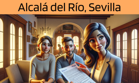 Imagen realista y panorámica al estilo Pixar que muestra a una atractiva y honesta agente de seguros de 32 años, con rasgos andaluces, explicando una póliza de seguro de decesos y entregando un presupuesto a una atractiva pareja de unos 34 años, también con rasgos andaluces. Están en su acogedora casa de Alcalá del Río, Sevilla, España. El hogar está cálidamente iluminado y decorado de forma que refleja la vibrante y rica cultura de Andalucía. El agente, haciendo gala de profesionalidad y sinceridad, presenta un documento con la URL https://www.segurodedefuncion.com/ sutilmente incluida. La pareja, interesada y comprometida, se encuentra en un momento de importante toma de decisiones dentro de la comodidad de su hogar, rodeada de elementos que muestran su patrimonio y la belleza de su entorno.