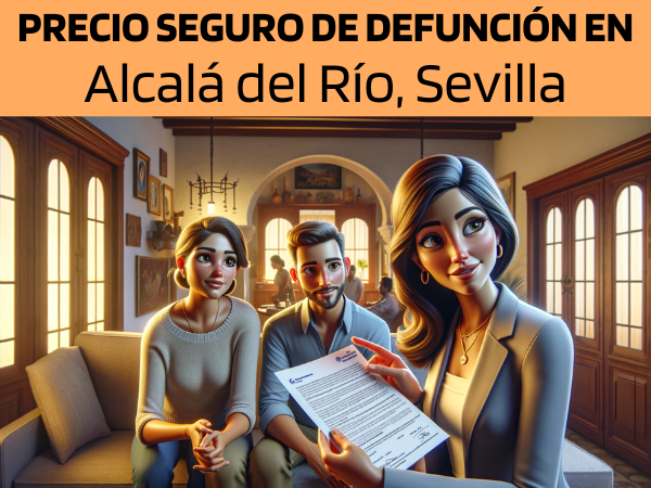 Imagen realista y panorámica al estilo Pixar que muestra a una atractiva y honesta agente de seguros de 32 años, con rasgos andaluces, explicando una póliza de seguro de decesos y entregando un presupuesto a una atractiva pareja de unos 34 años, también con rasgos andaluces. Están en su acogedora casa de Alcalá del Río, Sevilla, España. El hogar está cálidamente iluminado y decorado de forma que refleja la vibrante y rica cultura de Andalucía. El agente, haciendo gala de profesionalidad y sinceridad, presenta un documento con la URL https://www.segurodedefuncion.com/ sutilmente incluida. La pareja, interesada y comprometida, se encuentra en un momento de importante toma de decisiones dentro de la comodidad de su hogar, rodeada de elementos que muestran su patrimonio y la belleza de su entorno.