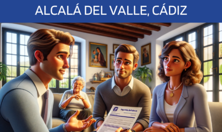 Imagen realista y panorámica al estilo Pixar en la que aparece una atractiva y honesta agente de seguros de 38 años, con rasgos andaluces, explicando una póliza de seguros de decesos y dando un presupuesto a una atractiva pareja de unos 44 años, también con rasgos andaluces, en su casa de Alcalá del Valle, Cádiz. Al fondo, los abuelos de la familia asienten con la cabeza. El escenario es un salón acogedor y bien decorado que mezcla las comodidades modernas con la decoración tradicional andaluza, reflejo del ambiente cálido y acogedor del sur de España. El agente muestra un documento con la URL https://www.segurodedefuncion.com/ claramente visible. Esta escena capta un momento de unidad y confianza generacional, resaltado por la interacción simpática y profesional entre el agente y la familia.