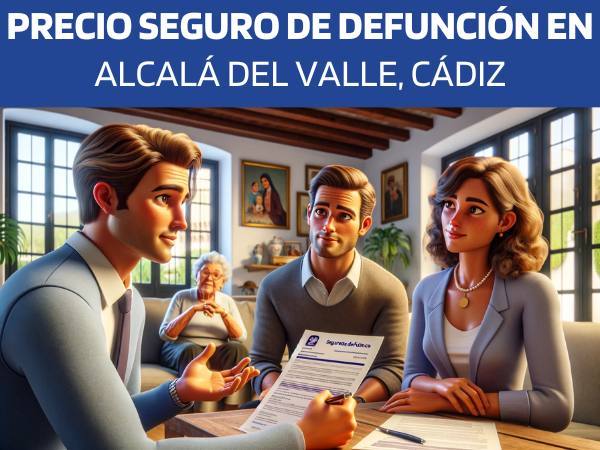 Imagen realista y panorámica al estilo Pixar en la que aparece una atractiva y honesta agente de seguros de 38 años, con rasgos andaluces, explicando una póliza de seguros de decesos y dando un presupuesto a una atractiva pareja de unos 44 años, también con rasgos andaluces, en su casa de Alcalá del Valle, Cádiz. Al fondo, los abuelos de la familia asienten con la cabeza. El escenario es un salón acogedor y bien decorado que mezcla las comodidades modernas con la decoración tradicional andaluza, reflejo del ambiente cálido y acogedor del sur de España. El agente muestra un documento con la URL https://www.segurodedefuncion.com/ claramente visible. Esta escena capta un momento de unidad y confianza generacional, resaltado por la interacción simpática y profesional entre el agente y la familia.