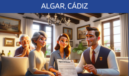 Imagen realista y panorámica al estilo Pixar en la que aparece un atractivo y honesto agente de seguros de 38 años, con rasgos andaluces, explicando una póliza de seguro de decesos y dando un presupuesto a una atractiva pareja de unos 44 años, también con rasgos andaluces, en su casa de Algar, Cádiz. Al fondo, los abuelos de la familia asienten con la cabeza. El escenario es un salón acogedor y bien decorado que mezcla las comodidades modernas con la decoración tradicional andaluza, reflejo del ambiente cálido y acogedor del sur de España. El agente muestra un documento con la URL https://www.segurodedefuncion.com/ claramente visible. Esta escena capta un momento de unidad y confianza generacional, resaltado por la interacción simpática y profesional entre el agente y la familia.