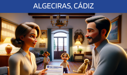 Imagen realista y panorámica al estilo Pixar que muestra a una atractiva y honesta agente de seguros de 37 años, con rasgos andaluces, explicando una póliza de seguros de decesos y entregando un presupuesto a una atractiva pareja de unos 31 años, también con rasgos andaluces, en su casa de Algeciras, Cádiz. La habitación está decorada con calidez, reflejando un ambiente hogareño andaluz. Al fondo, la hija de la pareja, de 5 años, juega con un cachorro, añadiendo un toque alegre y cariñoso a la escena. El agente muestra un documento en el que se destaca la URL https://www.segurodedefuncion.com/. La imagen transmite profesionalidad, confianza y calidez familiar.