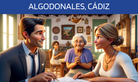 Imagen realista de pantalla panorámica al estilo Pixar que muestra a un atractivo y honesto agente de seguros de 37 años, con rasgos andaluces, explicando una póliza de seguro de decesos y entregando un presupuesto a una atractiva pareja andaluza de unos 34 años, en su casa de Algodonales, Cádiz. El entorno es acogedor y está decorado con autenticidad, reflejando la cultura local. Al fondo, se ve a la abuela de la familia asintiendo con la cabeza. Es una anciana andaluza que encarna la calidez y la sabiduría. El agente presenta un documento con la URL https://www.segurodedefuncion.com/ visiblemente incluida. Esta escena capta un momento importante de la toma de decisiones familiar, impregnado de carácter regional y de un sentimiento de confianza y entendimiento entre las generaciones.