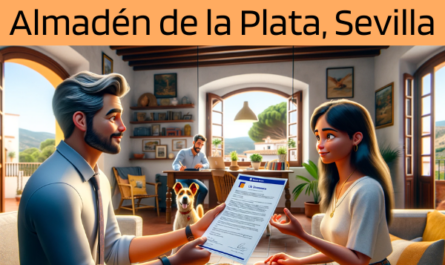 Imagen realista y panorámica al estilo Pixar que muestra a un atractivo y honesto agente de seguros de 30 años, con rasgos andaluces, explicando una póliza de seguro de decesos y entregando un presupuesto a una atractiva pareja de unos 34 años, también con rasgos andaluces. Están en su acogedora casa de Almadén de la Plata, Sevilla, España, acompañados de su perro, lo que añade a la escena un ambiente cálido y familiar. La casa es acogedora y está decorada con elementos que reflejan la cultura local y la belleza natural de la región. El agente, haciendo gala de profesionalidad y sinceridad, presenta un documento con la URL https://www.segurodedefuncion.com/ sutilmente incluida. La pareja aparece comprometida y reflexiva, creando un momento de toma de decisiones significativo dentro de la comodidad de su hogar.