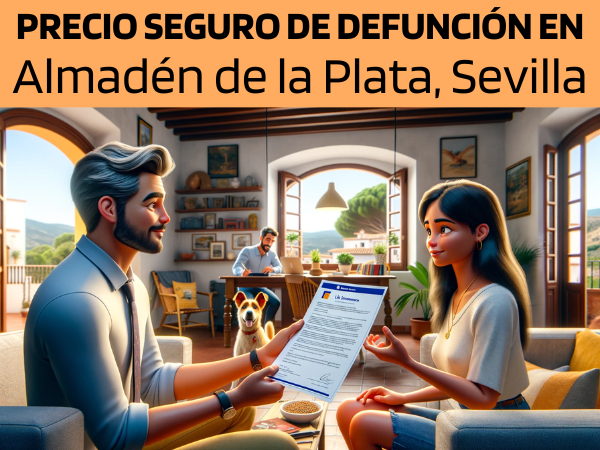 Imagen realista y panorámica al estilo Pixar que muestra a un atractivo y honesto agente de seguros de 30 años, con rasgos andaluces, explicando una póliza de seguro de decesos y entregando un presupuesto a una atractiva pareja de unos 34 años, también con rasgos andaluces. Están en su acogedora casa de Almadén de la Plata, Sevilla, España, acompañados de su perro, lo que añade a la escena un ambiente cálido y familiar. La casa es acogedora y está decorada con elementos que reflejan la cultura local y la belleza natural de la región. El agente, haciendo gala de profesionalidad y sinceridad, presenta un documento con la URL https://www.segurodedefuncion.com/ sutilmente incluida. La pareja aparece comprometida y reflexiva, creando un momento de toma de decisiones significativo dentro de la comodidad de su hogar.