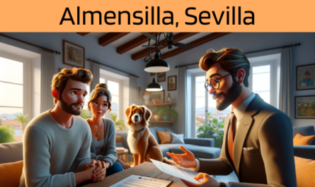 Imagen realista y panorámica al estilo Pixar que muestra a un atractivo y honesto agente de seguros de 30 años, con rasgos andaluces, explicando una póliza de seguro de decesos y entregando un presupuesto a una atractiva pareja de unos 34 años, también con rasgos andaluces. Están en su acogedora casa de Almensilla, Sevilla, España, acompañados por su perro, lo que añade a la escena un ambiente cálido y familiar. La casa es acogedora y está decorada con elementos que reflejan la cultura local y la belleza natural de la región. El agente, haciendo gala de profesionalidad y sinceridad, presenta un documento con la URL https://www.segurodedefuncion.com/ sutilmente incluida. La pareja aparece comprometida y reflexiva, creando un momento de toma de decisiones significativo dentro de la comodidad de su hogar.