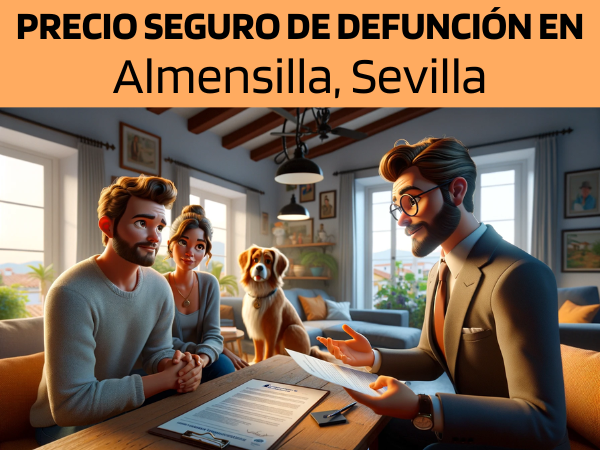 Imagen realista y panorámica al estilo Pixar que muestra a un atractivo y honesto agente de seguros de 30 años, con rasgos andaluces, explicando una póliza de seguro de decesos y entregando un presupuesto a una atractiva pareja de unos 34 años, también con rasgos andaluces. Están en su acogedora casa de Almensilla, Sevilla, España, acompañados por su perro, lo que añade a la escena un ambiente cálido y familiar. La casa es acogedora y está decorada con elementos que reflejan la cultura local y la belleza natural de la región. El agente, haciendo gala de profesionalidad y sinceridad, presenta un documento con la URL https://www.segurodedefuncion.com/ sutilmente incluida. La pareja aparece comprometida y reflexiva, creando un momento de toma de decisiones significativo dentro de la comodidad de su hogar.