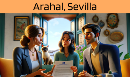 Imagen realista de pantalla panorámica al estilo Pixar que muestra a una atractiva y honesta agente de seguros de 30 años, con rasgos andaluces, explicando una póliza de seguro de decesos y entregando un presupuesto a una atractiva pareja de unos 36 años, también con rasgos andaluces. Están en su acogedora casa de Arahal, Sevilla, España, acompañados por su gato siamés, que añade un ambiente cálido y hogareño a la escena. El escenario refleja el interior tradicional y confortable de los hogares andaluces, con colores vibrantes y elementos decorativos que muestran la cultura local. El agente, haciendo gala de profesionalidad y sinceridad, presenta un documento con la URL https://www.segurodedefuncion.com/ sutilmente incluida. La pareja, atenta y comprometida, está sentada junta, creando un momento de significativa planificación familiar, mientras su gato siamés contribuye al ambiente sereno y familiar de la reunión.