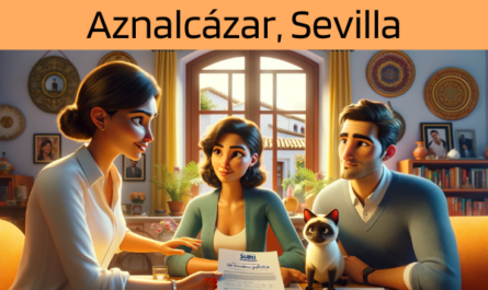 Imagen realista de pantalla panorámica al estilo Pixar que muestra a una atractiva y honesta agente de seguros de 30 años, con rasgos andaluces, explicando una póliza de seguro de decesos y entregando un presupuesto a una atractiva pareja de unos 36 años, también con rasgos andaluces. Están en su acogedora casa de Aznalcázar, Sevilla, España, acompañados por su gato siamés, que añade un ambiente cálido y hogareño a la escena. El escenario refleja el interior tradicional y confortable de los hogares andaluces, con colores vibrantes y elementos decorativos que muestran la cultura local. El agente, haciendo gala de profesionalidad y sinceridad, presenta un documento con la URL https://www.segurodedefuncion.com/ sutilmente incluida. La pareja, atenta y comprometida, está sentada junta, creando un momento de significativa planificación familiar, mientras su gato siamés contribuye al ambiente sereno y familiar de la reunión.