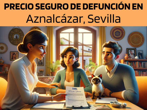 Imagen realista de pantalla panorámica al estilo Pixar que muestra a una atractiva y honesta agente de seguros de 30 años, con rasgos andaluces, explicando una póliza de seguro de decesos y entregando un presupuesto a una atractiva pareja de unos 36 años, también con rasgos andaluces. Están en su acogedora casa de Aznalcázar, Sevilla, España, acompañados por su gato siamés, que añade un ambiente cálido y hogareño a la escena. El escenario refleja el interior tradicional y confortable de los hogares andaluces, con colores vibrantes y elementos decorativos que muestran la cultura local. El agente, haciendo gala de profesionalidad y sinceridad, presenta un documento con la URL https://www.segurodedefuncion.com/ sutilmente incluida. La pareja, atenta y comprometida, está sentada junta, creando un momento de significativa planificación familiar, mientras su gato siamés contribuye al ambiente sereno y familiar de la reunión.