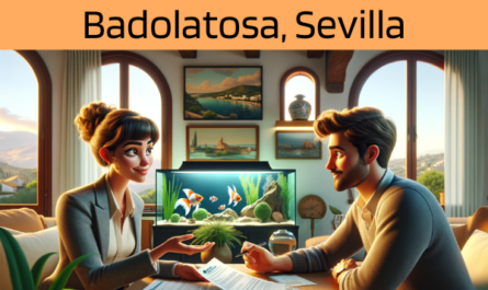 Imagen realista de pantalla panorámica al estilo Pixar que muestra a una atractiva y honesta agente de seguros de 30 años, con rasgos andaluces, explicando una póliza de seguro de decesos y entregando un presupuesto a una atractiva pareja de unos 36 años, también con rasgos andaluces. Están en su acogedora casa de Badolatosa, Sevilla, España, cerca de su exótica pecera, que añade un elemento vibrante y tranquilo a la escena. El escenario es cálido y acogedor, y muestra un espacio vital decorado con elementos que reflejan la cultura local y la belleza de Andalucía. El agente, haciendo gala de profesionalidad y sinceridad, presenta un documento que incluye sutilmente la URL https://www.segurodedefuncion.com/. La pareja aparece comprometida y reflexiva, en un momento importante de toma de decisiones, rodeada de la comodidad de su hogar y la belleza de sus mascotas acuáticas.