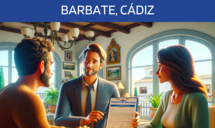 Imagen realista y panorámica al estilo Pixar que muestra a una atractiva y honesta agente de seguros de 37 años, con rasgos andaluces, explicando un seguro de decesos y entregando un presupuesto a una atractiva pareja, también con rasgos andaluces, de unos 34 años. Están en su casa de Barbate, Cádiz. El entorno es acogedor y está decorado con calidez, reflejando el estilo andaluz local, y el agente muestra documentos en los que aparece de forma destacada la URL https://www.segurodedefuncion.com/. La escena captura un momento de confianza y profesionalidad, con la pareja escuchando atentamente e interactuando con el agente, en un ambiente que se siente cómodo y acogedor, mezclando modernidad con elementos tradicionales andaluces.