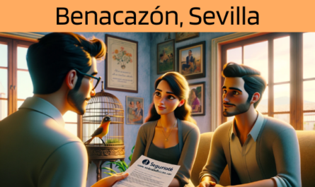 Imagen realista de pantalla panorámica al estilo Pixar que muestra a un atractivo y honesto agente de seguros de unos 31 años y rasgos andaluces, elegido al azar para ser hombre o mujer, explicando una póliza de seguro de decesos y entregando un presupuesto a una atractiva pareja de unos 36 años, también de rasgos andaluces. Están en su acogedora casa de Benacazón, Sevilla, España, cerca de una jaula con un pájaro exótico, que añade un toque vibrante a la escena. La casa está cálidamente iluminada y decorada de forma que refleja la riqueza cultural de Andalucía. El agente, haciendo gala de profesionalidad y sinceridad, presenta un documento con la URL https://www.segurodedefuncion.com/ sutilmente incluida. La pareja parece comprometida e interesada, creando un momento de importante toma de decisiones familiares en un entorno bello y hogareño.