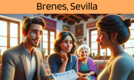 Imagen realista y panorámica al estilo Pixar que representa a un atractivo y honesto agente de seguros de 31 años y rasgos andaluces, elegido al azar. El agente está explicando una póliza de seguro de decesos y entregando un presupuesto a una atractiva pareja de unos 36 años, también con rasgos andaluces. Están en su acogedora casa de Brenes, Sevilla, España, con su adorable abuela presente, lo que añade un cálido ambiente familiar a la escena. La casa está decorada de forma que refleja la vibrante cultura de Andalucía, con coloridos tejidos y decoración tradicional. El agente, haciendo gala de profesionalidad y empatía, presenta un documento con la URL https://www.segurodedefuncion.com/ sutilmente incluida. La pareja, junto con la abuela, aparece comprometida y reflexiva, creando un momento de toma de decisiones familiares significativas con su rico patrimonio cultural como telón de fondo.