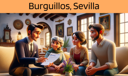 Imagen realista de pantalla panorámica al estilo Pixar que muestra a un atractivo y honesto agente de seguros, elegido al azar entre hombre o mujer, de unos 31 años y rasgos andaluces, explicando una póliza de seguro de decesos y entregando un presupuesto a una atractiva pareja de unos 36 años, también de rasgos andaluces. Están en su acogedora casa de Burguillos, Sevilla, España, rodeados de sus adorables abuelos. El entorno destila calidez y el rico patrimonio cultural de Andalucía, con un confortable espacio vital acogedor y lleno de decoración tradicional. El agente, haciendo gala de profesionalidad y sinceridad, presenta un documento con la URL https://www.segurodedefuncion.com/ sutilmente incluida. La familia, incluidos los abuelos, aparece comprometida y contenta, creando una escena de unidad familiar y toma de decisiones importantes.