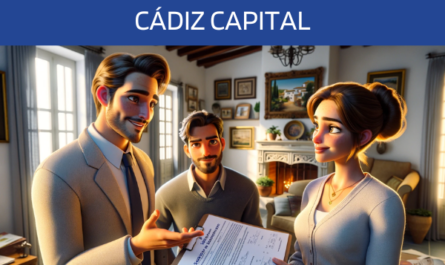 Imagen realista y panorámica al estilo Pixar que muestra a un atractivo y honesto agente de seguros de 38 años, con rasgos andaluces, explicando un seguro de decesos y entregando un presupuesto a una atractiva pareja, también con rasgos andaluces, de unos 35 años. Están en su casa de Cádiz. El escenario capta la esencia de un hogar tradicional andaluz, con interiores cálidos y acogedores que incluyen decoración típica de la región. El agente muestra un documento en el que se ve claramente la URL https://www.segurodedefuncion.com/. La escena irradia calidez, confianza y profesionalidad, resaltando la conexión cultural y personal entre el agente y la pareja, todo ello en el encantador contexto de su entorno andaluz.