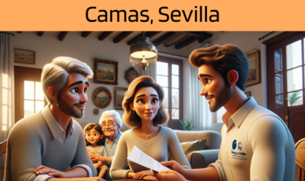 Imagen realista de pantalla panorámica al estilo Pixar que muestra a un atractivo y honesto agente de seguros, elegido al azar entre hombre o mujer, de unos 31 años y rasgos andaluces, explicando una póliza de seguro de decesos y entregando un presupuesto a una atractiva pareja de unos 36 años, también de rasgos andaluces. Están en su acogedora casa de Camas, Sevilla, España, rodeados de sus adorables abuelos. El entorno destila calidez y el rico patrimonio cultural de Andalucía, con un confortable espacio vital acogedor y lleno de decoración tradicional. El agente, haciendo gala de profesionalidad y sinceridad, presenta un documento con la URL https://www.segurodedefuncion.com/ sutilmente incluida. La familia, incluidos los abuelos, aparece comprometida y contenta, creando una escena de unidad familiar y toma de decisiones importantes.