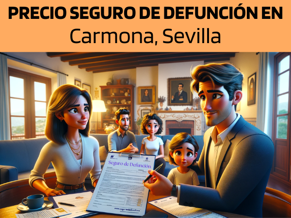 Imagen realista y panorámica al estilo Pixar que muestra a un atractivo y honesto agente de seguros de 31 años y rasgos andaluces, elegido al azar entre hombre y mujer, explicando una póliza de seguros de decesos y entregando un presupuesto a una atractiva pareja de unos 36 años, también con rasgos andaluces. Están en su acogedora casa de Carmona, Sevilla, España, rodeados de sus adorables sobrinos. El hogar es cálido y acogedor, lleno de elementos que resaltan la calidez de la familia y la riqueza cultural de Andalucía. El agente, haciendo gala de profesionalidad y sinceridad, presenta un documento con la URL https://www.segurodedefuncion.com/ sutilmente incluida. El ambiente es amistoso y familiar, con la pareja participando atentamente en la conversación y los niños añadiendo una dinámica animada a la escena.