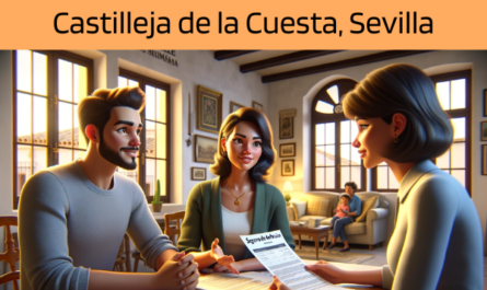 Imagen realista de pantalla panorámica al estilo Pixar que muestra a una atractiva y honesta agente de seguros de unos 31 años y rasgos andaluces, elegida al azar como agente femenina, explicando una póliza de seguro de decesos y entregando un presupuesto a una atractiva pareja de unos 36 años, también con rasgos andaluces. Están en su acogedora casa de Castilleja de la Cuesta, Sevilla, España, con la presencia de la madre de la esposa, que contribuye a crear un ambiente familiar. La casa está cálidamente iluminada y decorada de forma que resalta la cultura andaluza, ofreciendo una visión de su confortable y acogedor espacio vital. El agente, haciendo gala de profesionalidad y calidez, presenta un documento en el que destaca la URL https://www.segurodedefuncion.com/. La pareja y la suegra aparecen comprometidas y reflexivas, representando un momento de toma de decisiones familiares importantes dentro de un entorno andaluz bellamente detallado.