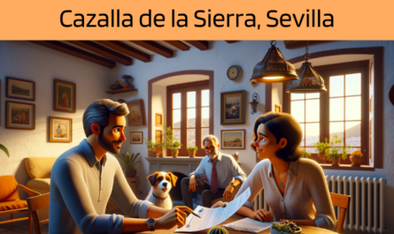 Imagen realista y panorámica al estilo Pixar que muestra a un atractivo y honesto agente de seguros de unos 31 años y rasgos andaluces, elegido al azar para ser hombre o mujer, explicando una póliza de seguro de decesos y entregando un presupuesto a una atractiva pareja de unos 36 años, también de rasgos andaluces. Están en su acogedora casa de Cazalla de la Sierra (Sevilla, España), con su perro sentado a su lado, lo que añade calidez a la escena. La ambientación de la casa refleja el encanto tradicional y rústico de la región, con detalles que transmiten una sensación de confort y calidez. El agente, demostrando profesionalidad y confianza, presenta un documento con la URL https://www.segurodedefuncion.com/ sutilmente incluida. La pareja aparece comprometida y reflexiva, captando un momento de importante toma de decisiones familiares dentro de la hermosa casa andaluza.