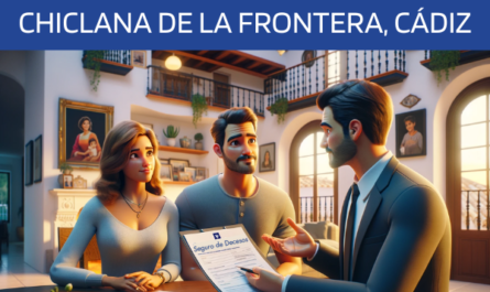 Imagen realista y panorámica al estilo Pixar que muestra a un atractivo y honesto agente de seguros de 36 años, con rasgos andaluces, explicando una póliza de seguros de decesos y entregando un presupuesto a una atractiva pareja, también con rasgos andaluces, de unos 34 años. Están en su casa de Chiclana de la Frontera, Cádiz. El escenario capta la esencia de un hogar andaluz, con un ambiente cálido y acogedor, mezcla de decoración moderna y tradicional española. El agente, que destila profesionalidad y sinceridad, aparece presentando unos documentos en los que destaca la URL https://www.segurodedefuncion.com/. La pareja parece comprometida e interesada, sentada cómodamente en su salón, que exhibe elementos típicos de la arquitectura y el interiorismo andaluces.