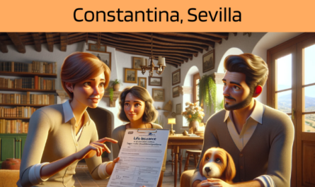 Imagen realista y panorámica al estilo Pixar que muestra a un atractivo y honesto agente de seguros de unos 31 años y rasgos andaluces, elegido al azar para ser hombre o mujer, explicando una póliza de seguro de decesos y entregando un presupuesto a una atractiva pareja de unos 36 años, también de rasgos andaluces. Están en su acogedora casa de Constantina (Sevilla, España), con su perro sentado a su lado, lo que añade calidez a la escena. La ambientación de la casa refleja el encanto tradicional y rústico de la región, con detalles que transmiten una sensación de confort y calidez. El agente, demostrando profesionalidad y confianza, presenta un documento con la URL https://www.segurodedefuncion.com/ sutilmente incluida. La pareja aparece comprometida y reflexiva, captando un momento de importante toma de decisiones familiares dentro de la hermosa casa andaluza.