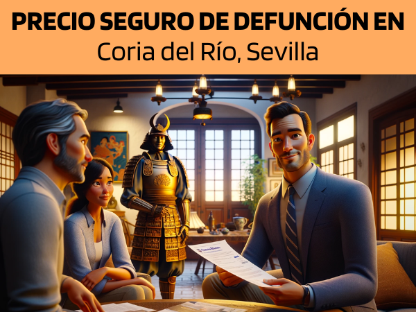 Imagen realista y panorámica al estilo Pixar que muestra a un atractivo y honesto agente de seguros de 33 años, con rasgos andaluces, explicando una póliza de seguros de decesos y entregando un presupuesto a una atractiva pareja de unos 45 años, también con rasgos andaluces. Están en su acogedora casa de Coria del Río, Sevilla, España. El salón, cálidamente iluminado y acogedor, refleja la riqueza cultural de Andalucía, e incluye un elemento intrigante: una estatua de tamaño natural de un antiguo guerrero japonés, que añade un toque exótico e histórico a la escena. El agente, haciendo gala de profesionalidad y sinceridad, presenta un documento en el que destaca la URL https://www.segurodedefuncion.com/. La pareja aparece comprometida y pensativa, en un momento de toma de decisiones importantes, rodeada de la decoración única de su casa, que mezcla el encanto andaluz con influencias globales.