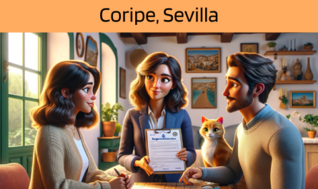 Imagen realista y panorámica al estilo Pixar que muestra a una atractiva y honesta agente de seguros de 35 años, con rasgos andaluces, explicando una póliza de seguro de decesos y entregando un presupuesto a una atractiva pareja de unos 40 años, también con rasgos andaluces. Están en su acogedora casa de Coripe, Sevilla, España, con su adorable gato. El ambiente es cálido y acogedor, captando la esencia de un confortable hogar andaluz, decorado con motivos locales. El agente, demostrando profesionalidad y confianza, presenta un documento con la URL https://www.segurodedefuncion.com/ sutilmente incluida. La pareja, comprometida y atenta, se encuentra en un momento de importante toma de decisiones, mientras que el gato añade un toque de calidez y encanto a la escena.