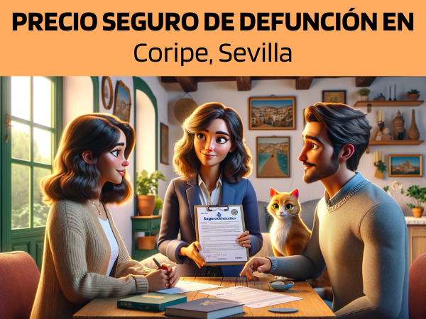 Imagen realista y panorámica al estilo Pixar que muestra a una atractiva y honesta agente de seguros de 35 años, con rasgos andaluces, explicando una póliza de seguro de decesos y entregando un presupuesto a una atractiva pareja de unos 40 años, también con rasgos andaluces. Están en su acogedora casa de Coripe, Sevilla, España, con su adorable gato. El ambiente es cálido y acogedor, captando la esencia de un confortable hogar andaluz, decorado con motivos locales. El agente, demostrando profesionalidad y confianza, presenta un documento con la URL https://www.segurodedefuncion.com/ sutilmente incluida. La pareja, comprometida y atenta, se encuentra en un momento de importante toma de decisiones, mientras que el gato añade un toque de calidez y encanto a la escena.