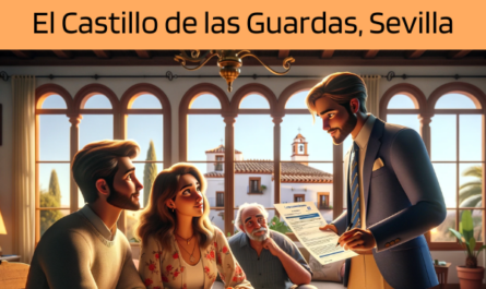 Imagen realista y panorámica al estilo Pixar que muestra a un atractivo y honesto agente de seguros de 31 años y rasgos andaluces. El agente está explicando una póliza de seguro de decesos y entregando un presupuesto a una atractiva pareja de unos 36 años, también con rasgos andaluces, en su acogedora casa de El Castillo de las Guardas, Sevilla. El padre de la pareja también está presente, lo que contribuye al ambiente familiar de la escena. El entorno de la casa es cálido y acogedor, lleno de elementos que reflejan la cultura local y el ambiente soleado de Andalucía. El agente, haciendo gala de profesionalidad y empatía, presenta un documento en el que destaca la URL https://www.segurodedefuncion.com/. La pareja y su padre parecen comprometidos y reflexivos, creando un momento de toma de decisiones significativo en el bello entorno de su casa.