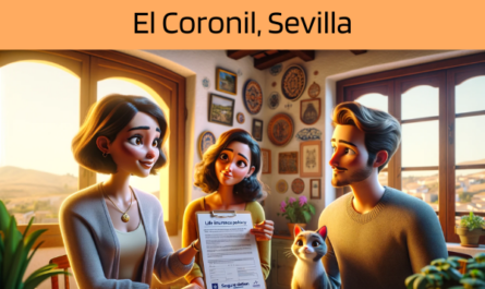 Imagen realista y panorámica al estilo Pixar que muestra a una atractiva y honesta agente de seguros de 35 años, con rasgos andaluces, explicando una póliza de seguro de decesos y entregando un presupuesto a una atractiva pareja de unos 40 años, también con rasgos andaluces. Están en su acogedora casa de El Coronil, Sevilla, España, con su adorable gato. El ambiente es cálido y acogedor, captando la esencia de un confortable hogar andaluz, decorado con motivos locales. El agente, demostrando profesionalidad y confianza, presenta un documento con la URL https://www.segurodedefuncion.com/ sutilmente incluida. La pareja, comprometida y atenta, se encuentra en un momento de importante toma de decisiones, mientras que el gato añade un toque de calidez y encanto a la escena.