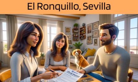 Una imagen hiperrealista y panorámica al estilo Pixar que muestra a una atractiva y honesta agente de seguros de 34 años y rasgos andaluces, explicando una póliza de seguro de vida y entregando un presupuesto a un atractivo matrimonio de unos 40 años, también con rasgos andaluces. Están en su acogedora casa en El Ronquillo, Sevilla, España, con su perro sentado a su lado, añadiendo calidez a la escena. El interior captura la esencia de un hogar andaluz acogedor, lleno de decoración local y un ambiente soleado. El agente, haciendo gala de profesionalismo y empatía, presenta un documento que incluye sutilmente la URL https://www.segurodedefuncion.com/. La pareja parece comprometida y pensativa, en un momento de importante toma de decisiones, rodeada por la reconfortante presencia de su hogar y su mascota.