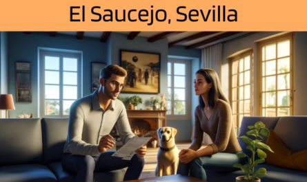 Una imagen hiperrealista y panorámica al estilo Pixar de un atractivo y honesto agente de seguros, de entre 28 y 37 años, con rasgos andaluces, explicando una póliza de seguro de vida y entregando un presupuesto a una atractiva pareja de entre 30 y 50 años, también con Rasgos andaluces. Están en su acogedora casa en El Saucejo, Sevilla. Junto a ellos está su perro, lo que añade un ambiente cálido y familiar a la escena. El interior de la casa es acogedor, con una decoración que refleja la rica cultura de Andalucía. El agente, haciendo gala de profesionalidad y calidez, muestra un documento con la URL https://www.segurodedefuncion.com/ sutilmente incluida. La pareja parece comprometida y reflexiva, tomando una decisión importante en un ambiente cómodo en el que realmente se siente como en casa.